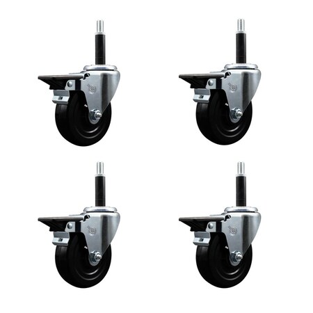 Service Caster 4'' Hard Rubber Swivel 3/4'' Expanding Stem Caster Set with Brake, 4PK SCC-EX20S414-HRS-PLB-34-4